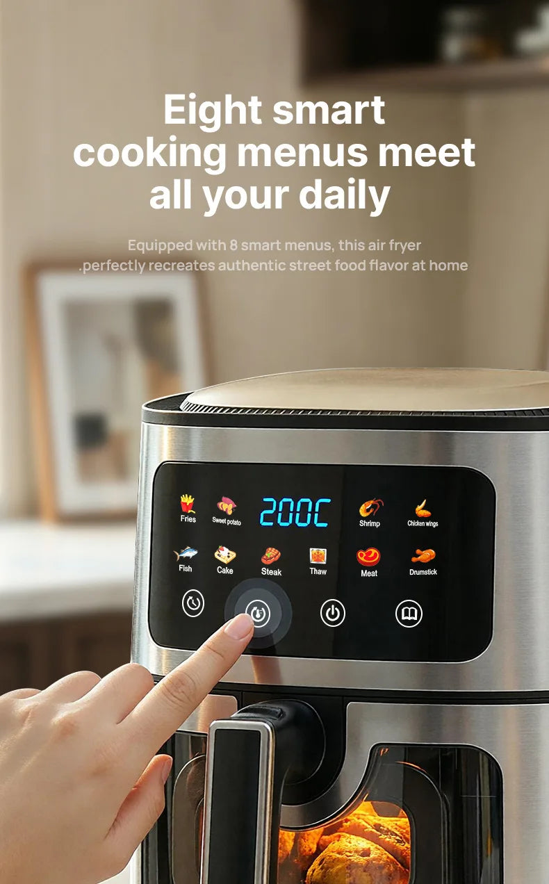 8L Stainless Steel Air Fryer with Clear Viewing Window 8 One-Touch Smart Presets Oil-Free Crispy Cooker Non-Stick Basket Whisper