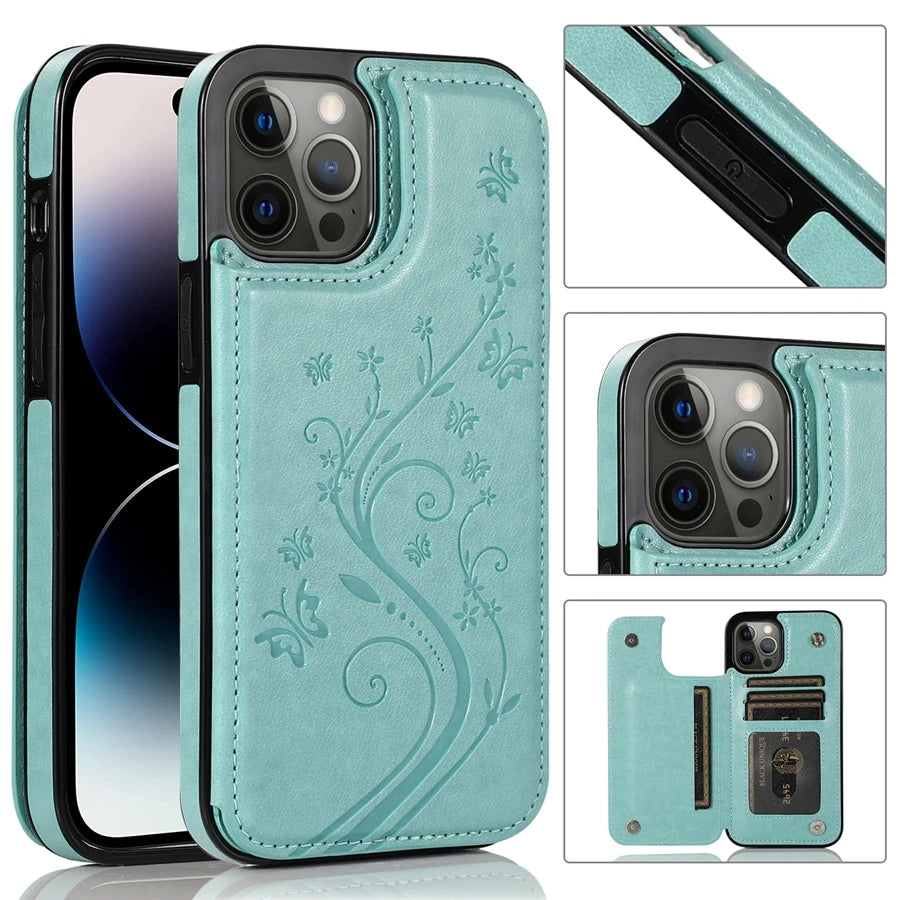 Wallet Butterfly Embossing Slot Magnetic Flip Leather Case For iPhone Plus Cover