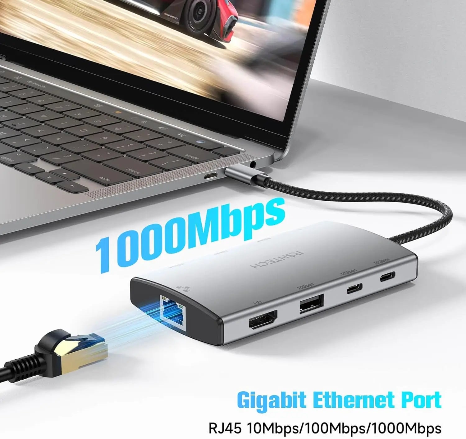Multiport USB C Hub with RJ45 1Gbps Ethernet Adapter Dock for Laptops