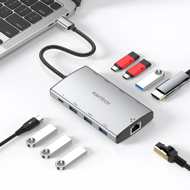 Multiport USB C Hub with RJ45 1Gbps Ethernet Adapter Dock for Laptops