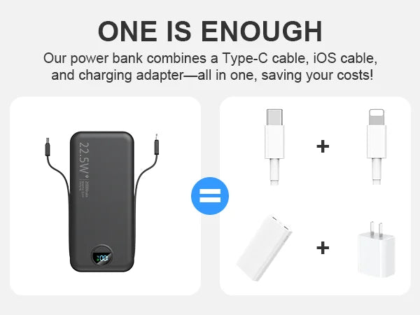 Power Bank with Built-in AC Plug & Dual Cables, PD20W Fast Charging Type-C