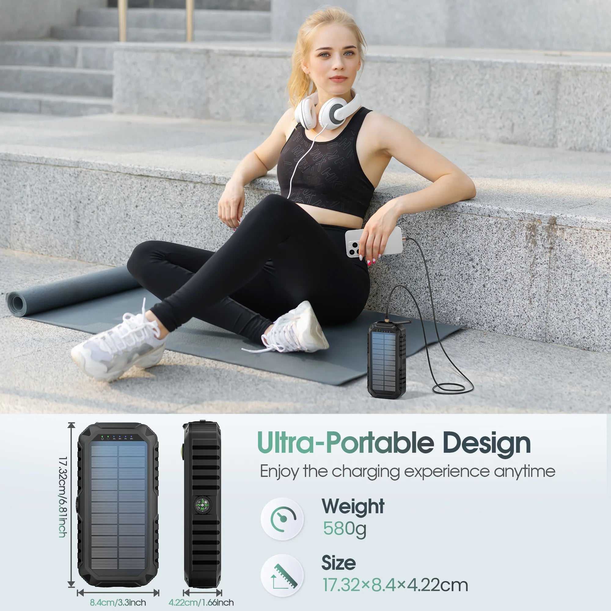 Solar Power Bank with Hand Crank Type-C Fast Charging, Bright LED Light