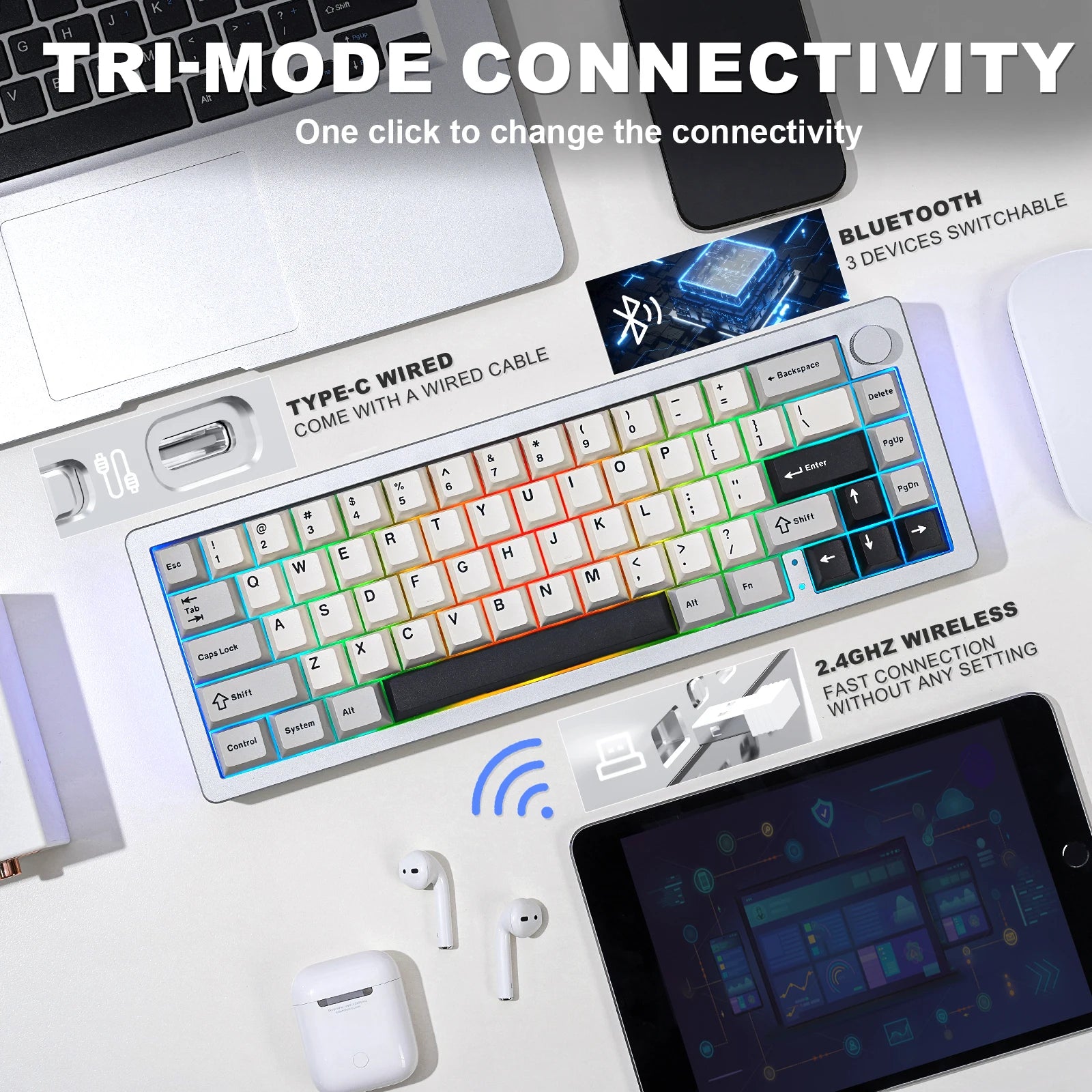 Aluminum Knob Wireless Bluetooth Wired Hot Swap Gasket Mounted RGB Keyboard