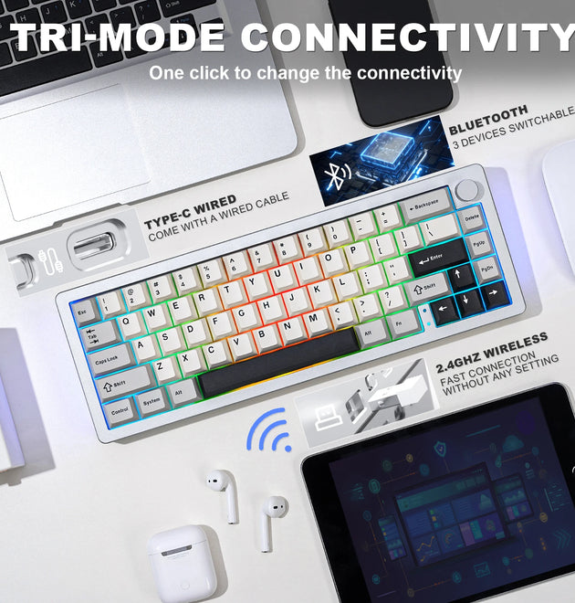 YUNZII AL66 Silver 66-Key CNC Aluminum Knob Wireless Bluetooth/2.4G/Wired Hot Swap Gasket Mounted RGB Mechanical Gaming Keyboard