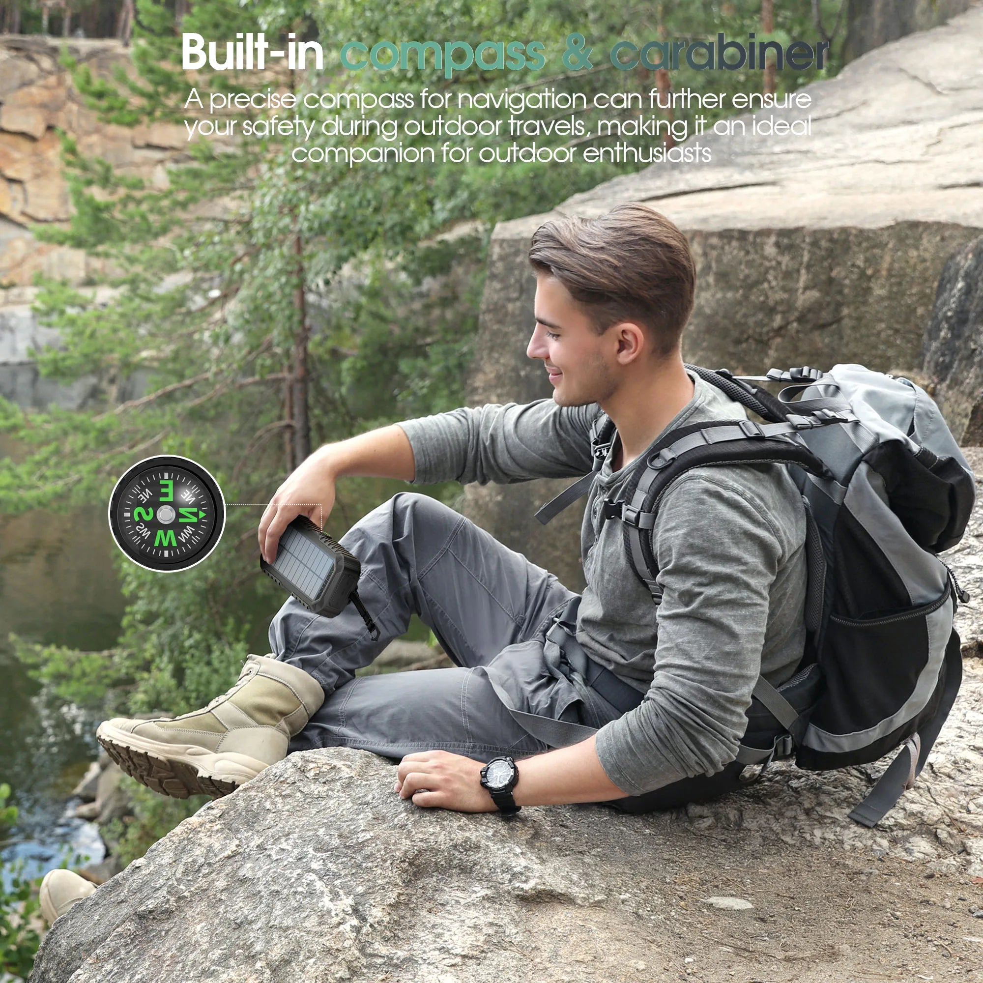 Solar Power Bank with Hand Crank Type-C Fast Charging, Bright LED Light