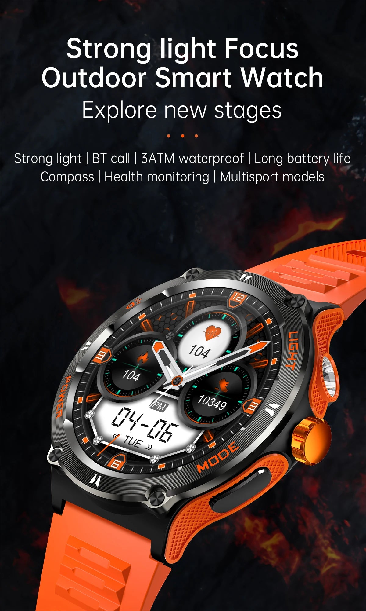KT76 Sports Smartwatch Men With Flashlight 1.53-inch HD Screen BT Calls 3ATM Waterproof Compass Health Monitor