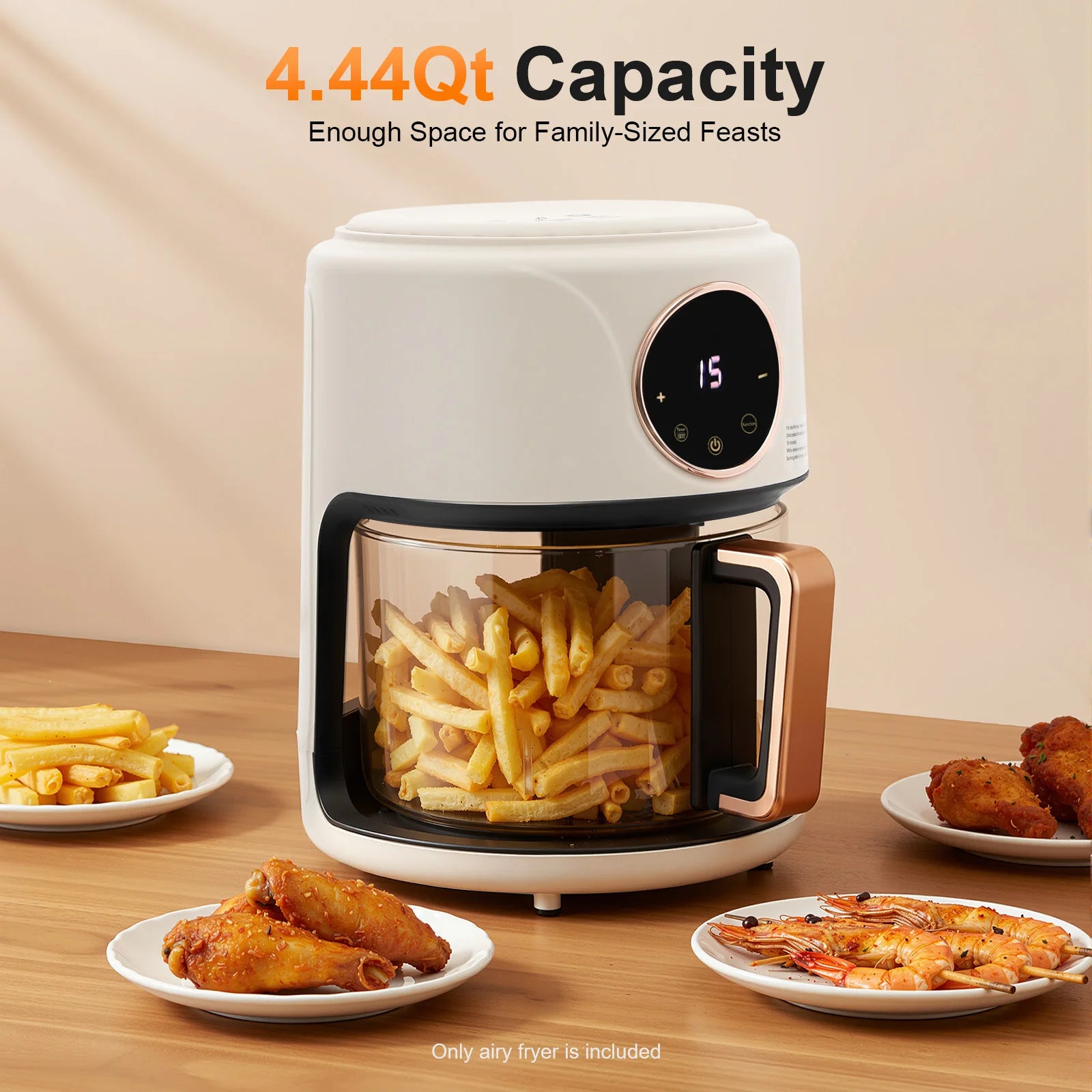 Visible Window Air Fryer 4.44Qt, 1200W Rapid Heating Glass Fryer with 8 Presets, Non-stick Borosilicate Glass Pot, 110V US Plug, for Fries, Wings (White)