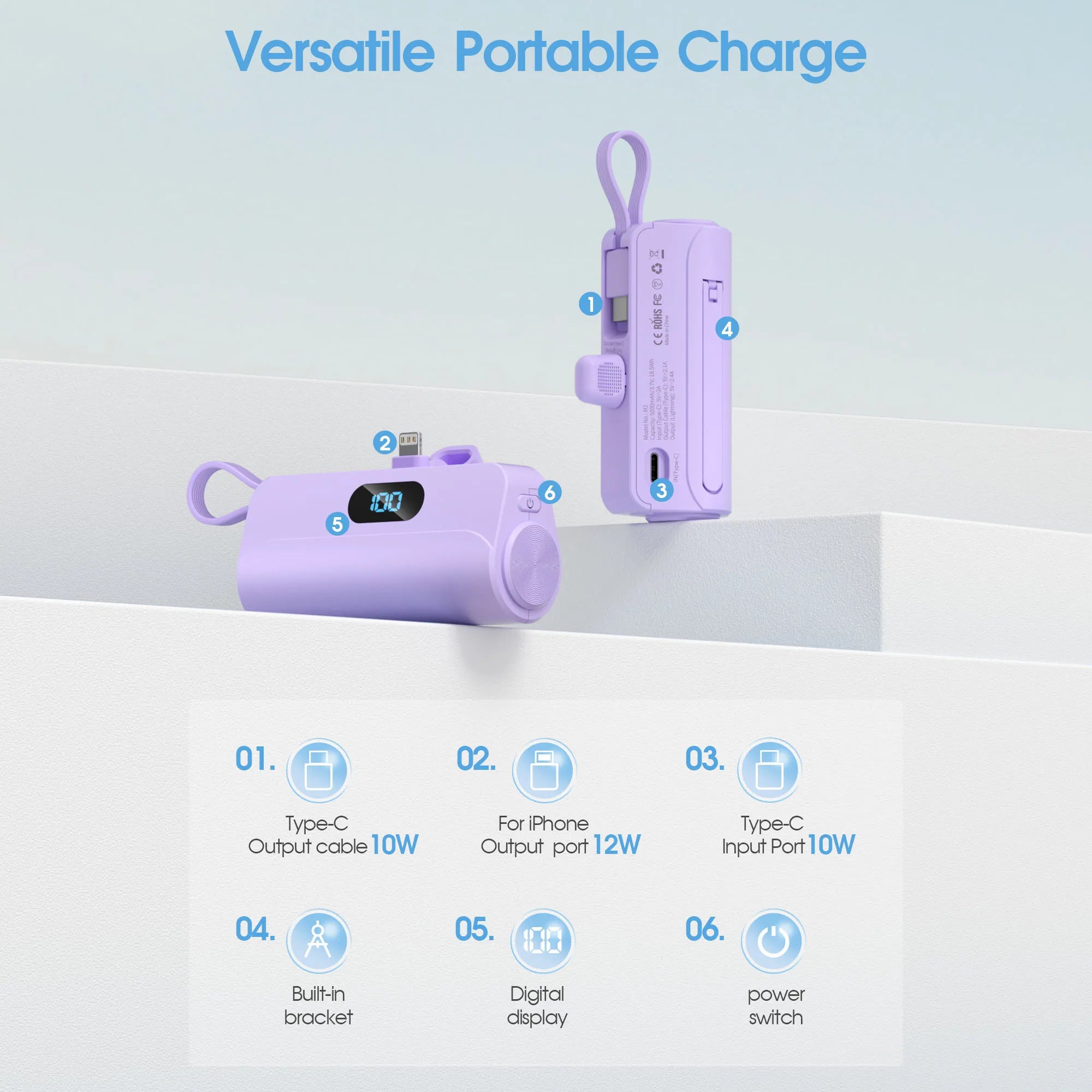 Mini Portable Charger with Built in Lightning port Type-C Cable, Foldable Stand,