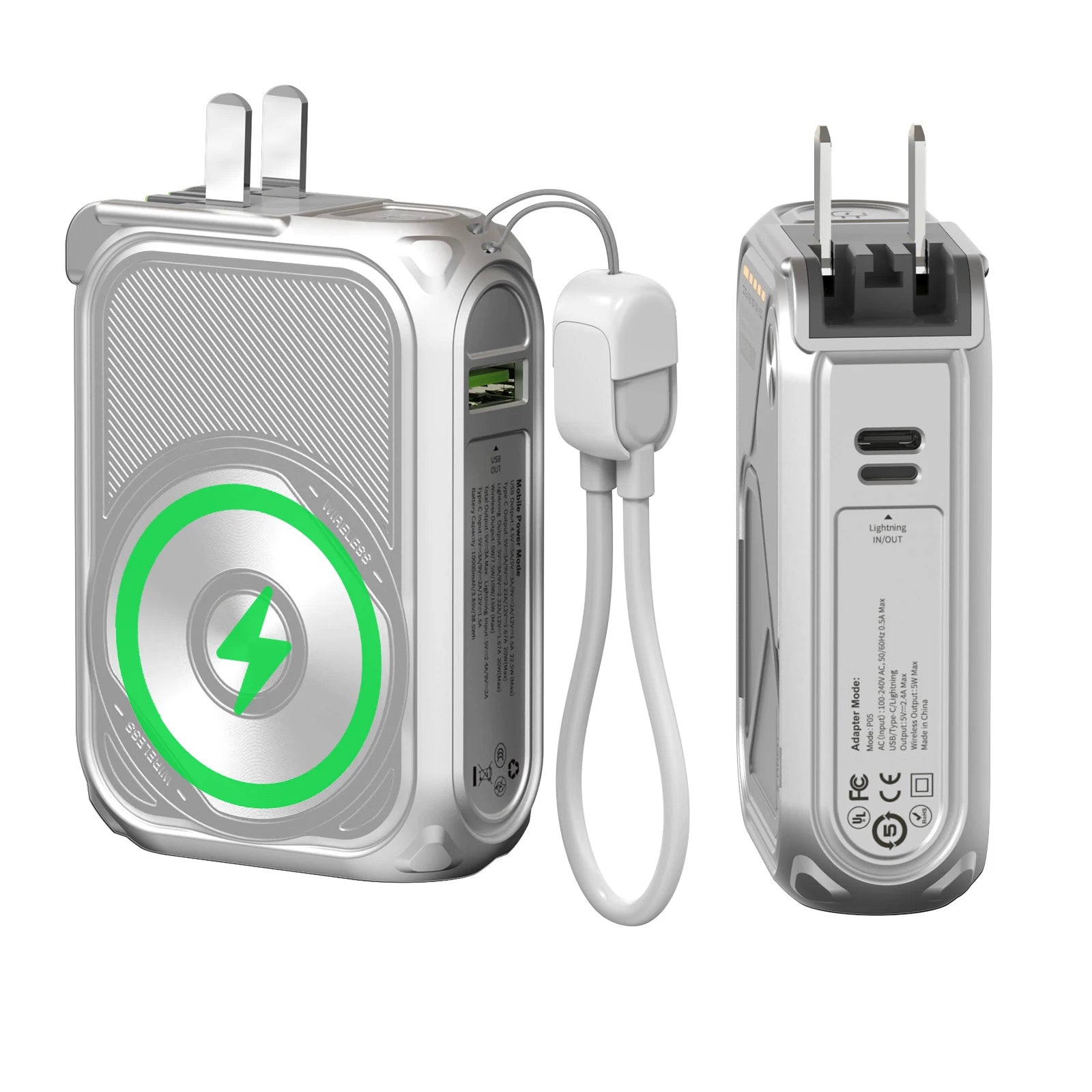 Magnetic Wireless Power Bank USB Type-C Detachable Data Cable Phone Holder