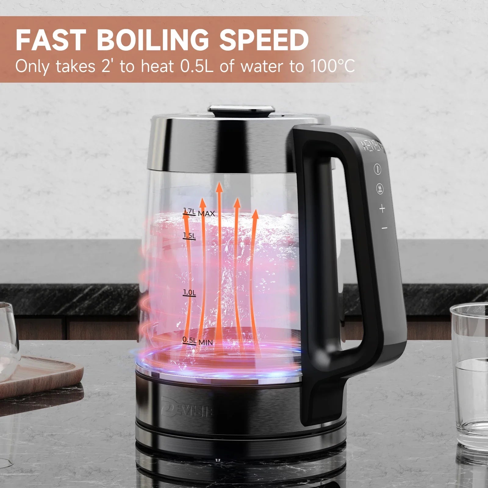 DEVISIB Dual Wall Electric Glass Kettle, Live Temperature Display, 2200W Fast Boiling, Temperature Control, 24-Hour Keep Warm