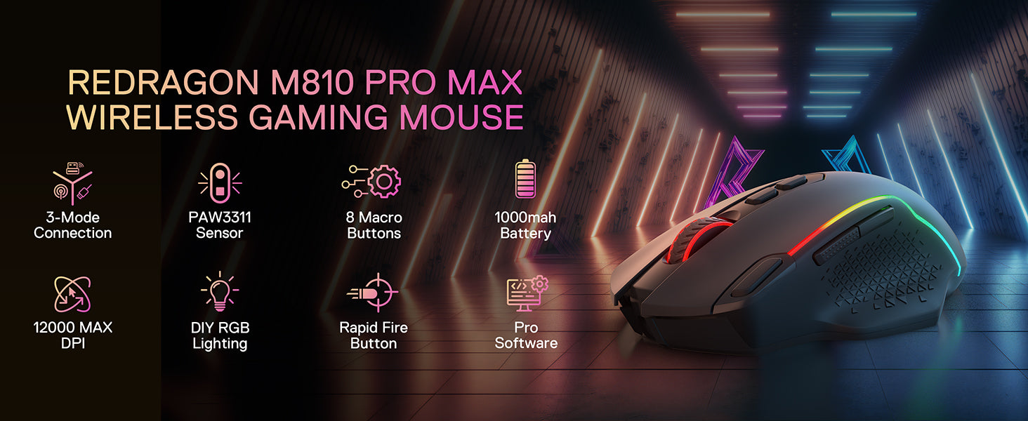 Redragon M810 MAX 3-Mode Wireless Gaming Mouse, 12000 DPI Wired/Wireless RGB Mouse,Rapid Fire Key, 8 Macro Buttons