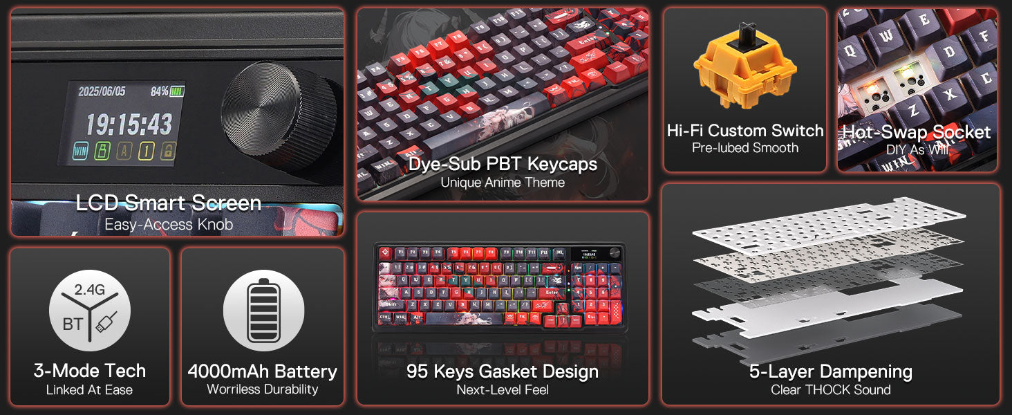 Redragon K719 PRO Wireless Gasket Gaming Hype Screen & Knob, 95 Keys